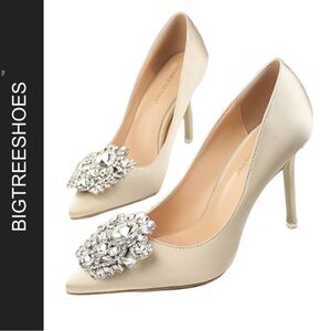 BIGTREE CHAMPAGNE SATIN RHINESTONE JEWELED POINTED TOE ELEGANT HEELS